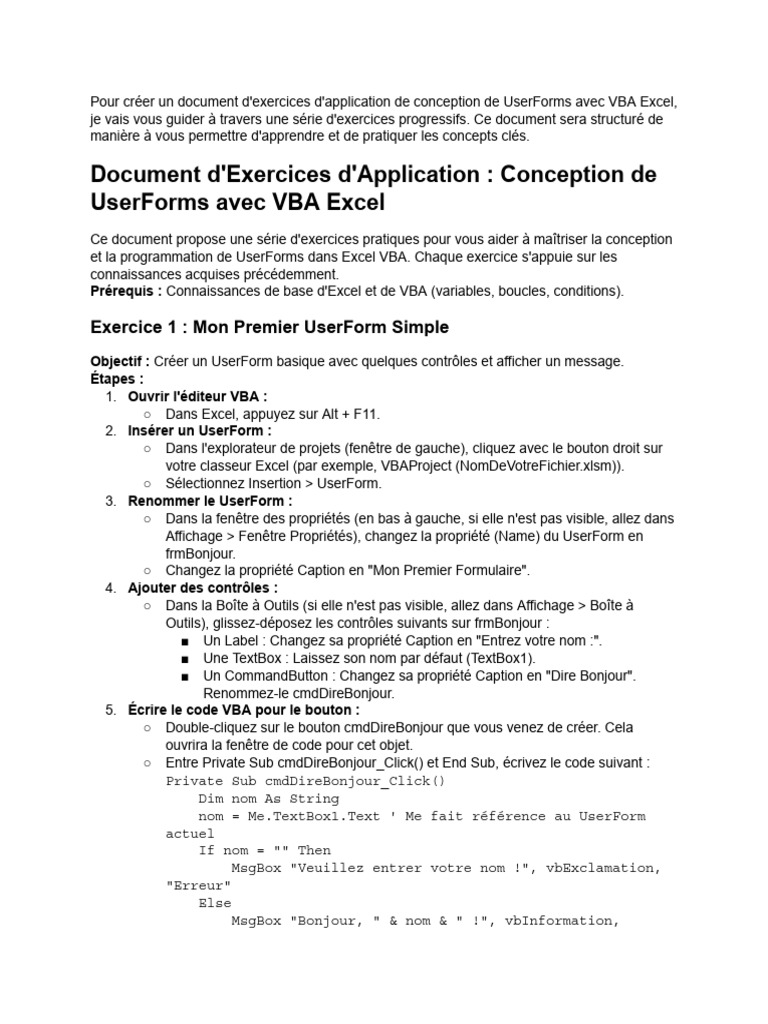 Exercices UserForms VBA Excel | PDF | Microsoft Excel | Logiciel ...