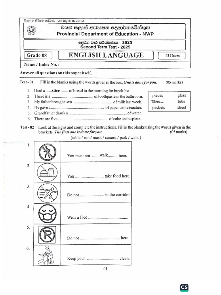 English - Grade 8 - Second Term Test 2025 - NWP | PDF
