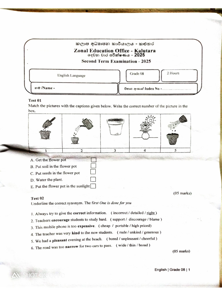 English - Grade 8 - Second Term Test 2025 Kalutara | PDF