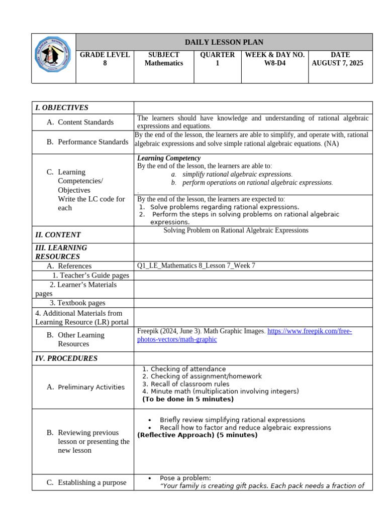8th Grade Math Lesson Plan: Rational Expressions | PDF | Mathematics ...