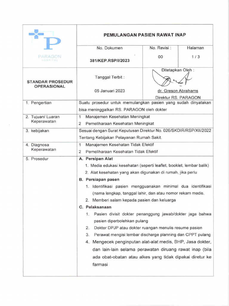 SPO Pemulangan Pasien Ranap | PDF
