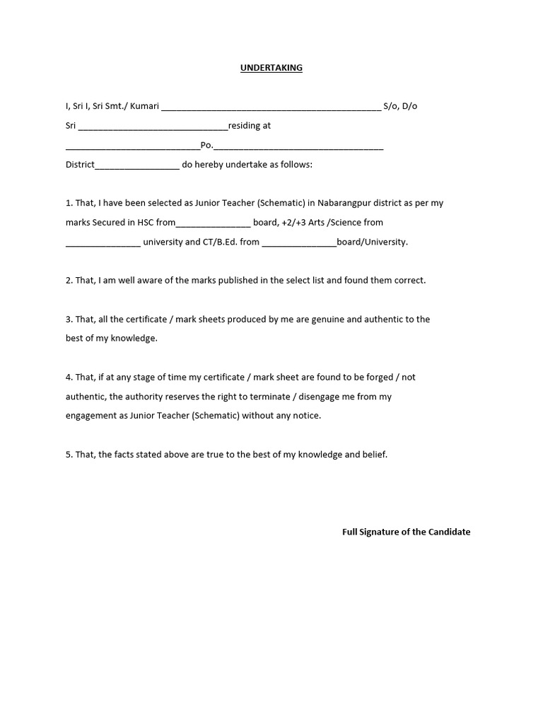 Junior Teacher Selection Undertaking Form | PDF