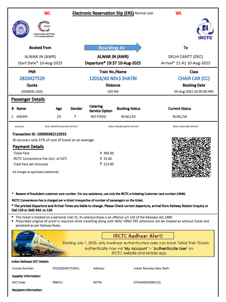 12016/aii Ndls Shatbi Chair Car (CC) : WL WL | PDF | Identity Document