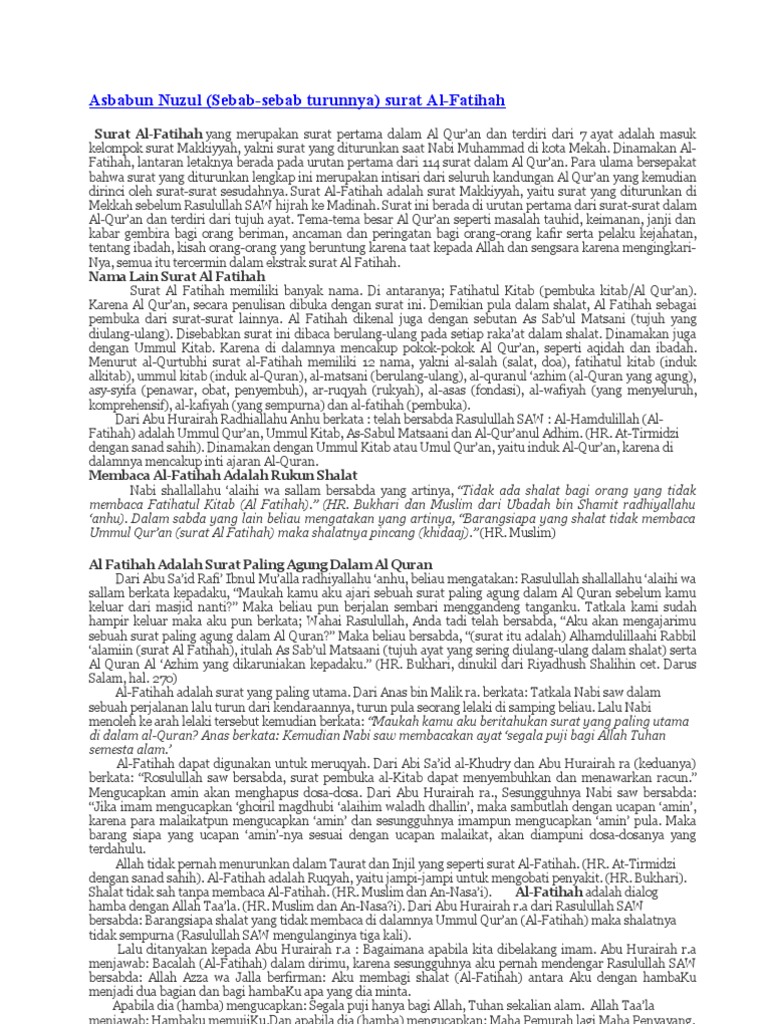 Asbabun Nuzul Sebab Sebab Turunnya Surat Al Fatihah