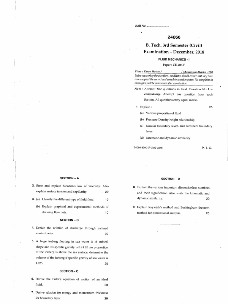 Btech Civil 3 Sem Fluid Mechanics 1 24066 Dec 2018 | PDF