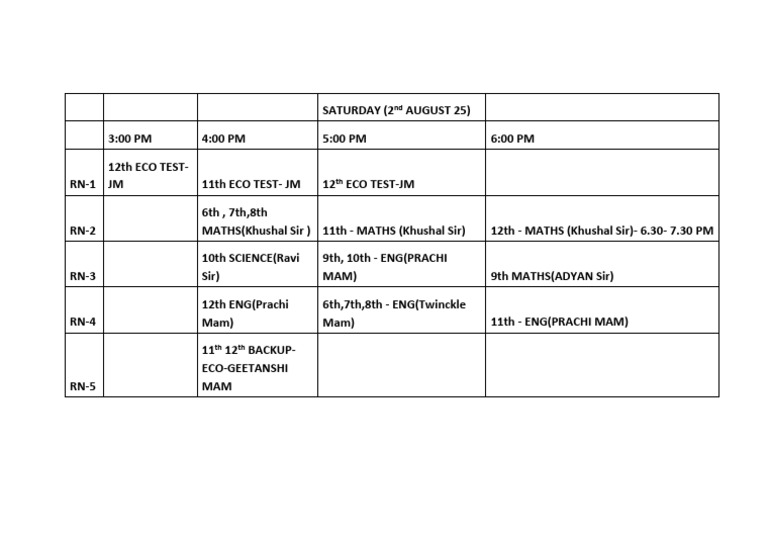 Saturday Timetable - RG - 2nd August 25 | PDF