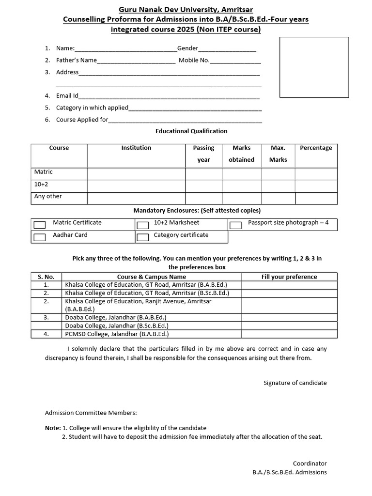 B.A/B.Sc.B.Ed. Admission Counselling Form 2025 | PDF