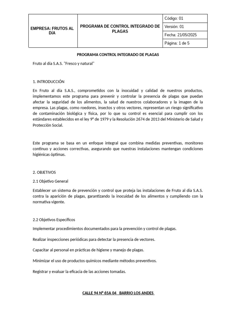 Programa de Control de Plagas S.A.S. | PDF | Control de plagas | Plaga ...
