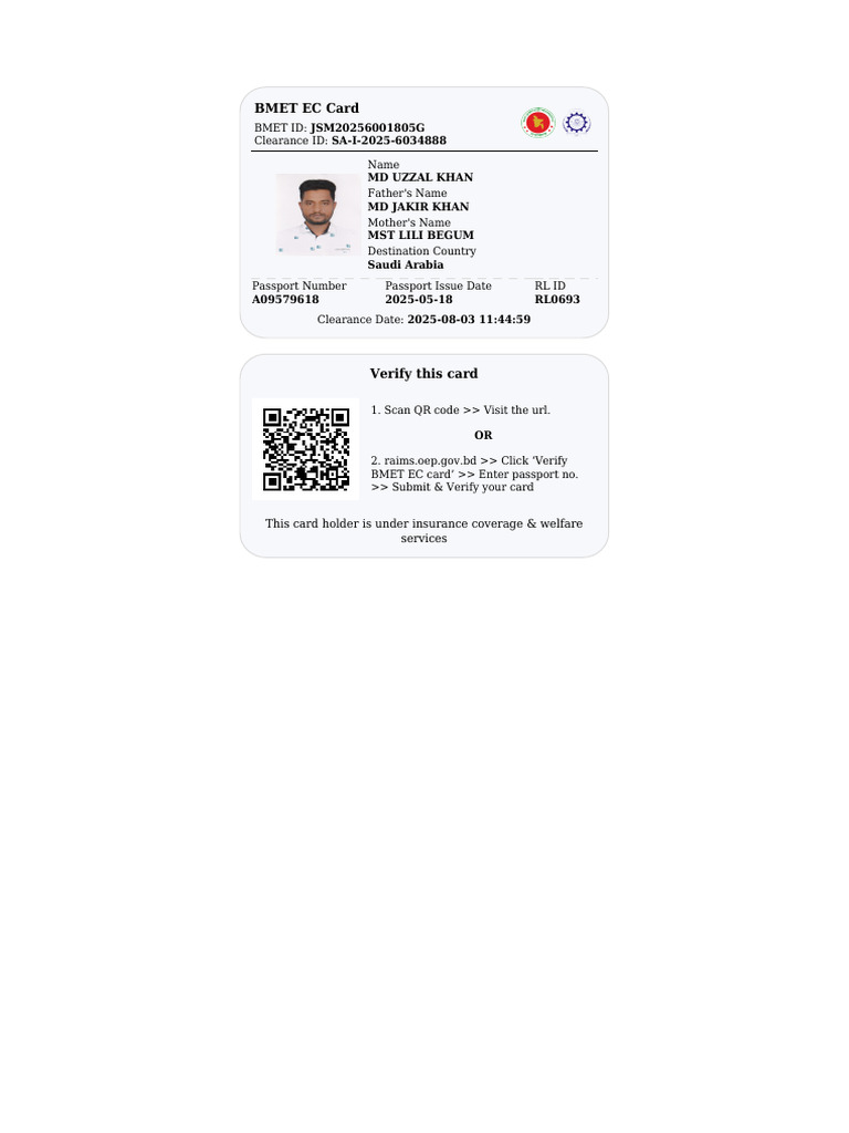 BMET - EC - Card - For MD UZZAL KHAN SA-I-2025-6034888 | PDF