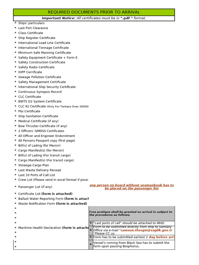 Required Documents for Vessel Arrival | PDF | Ships | Port