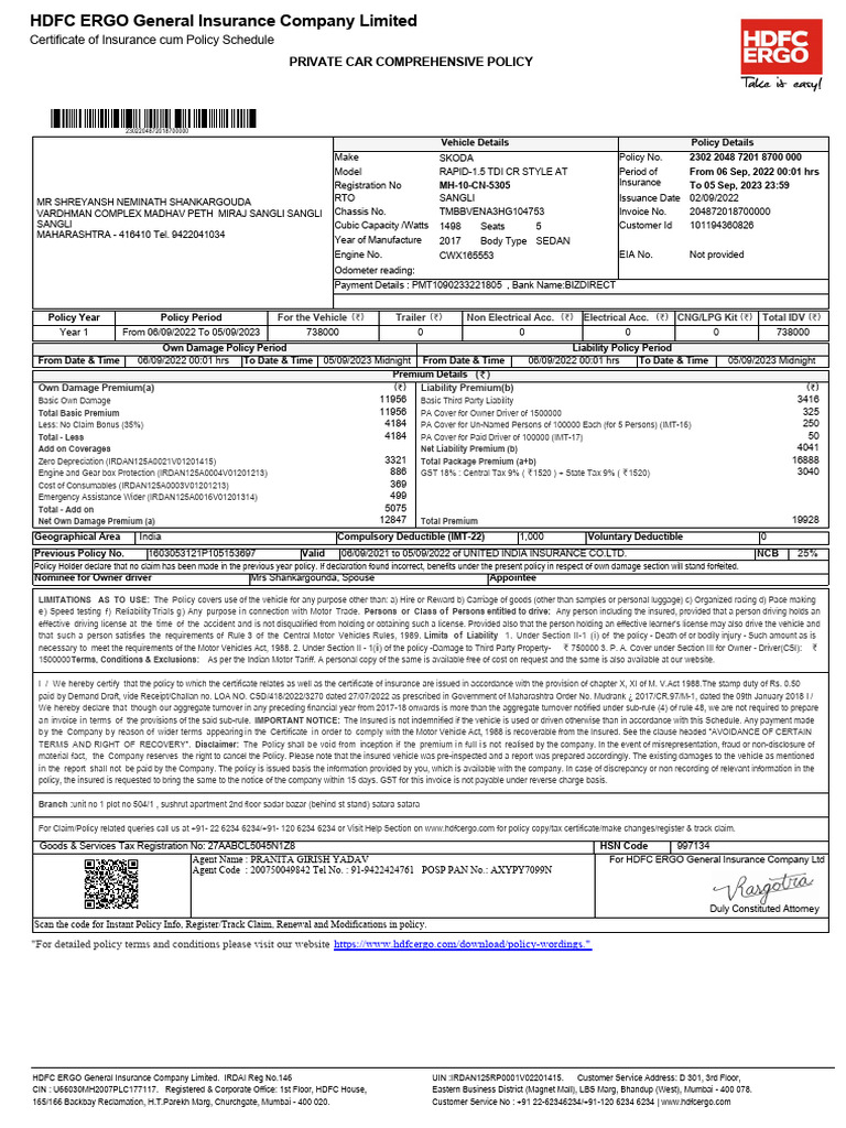 SKODA Rapid Insurance Policy Details | PDF | Insurance | Deductible