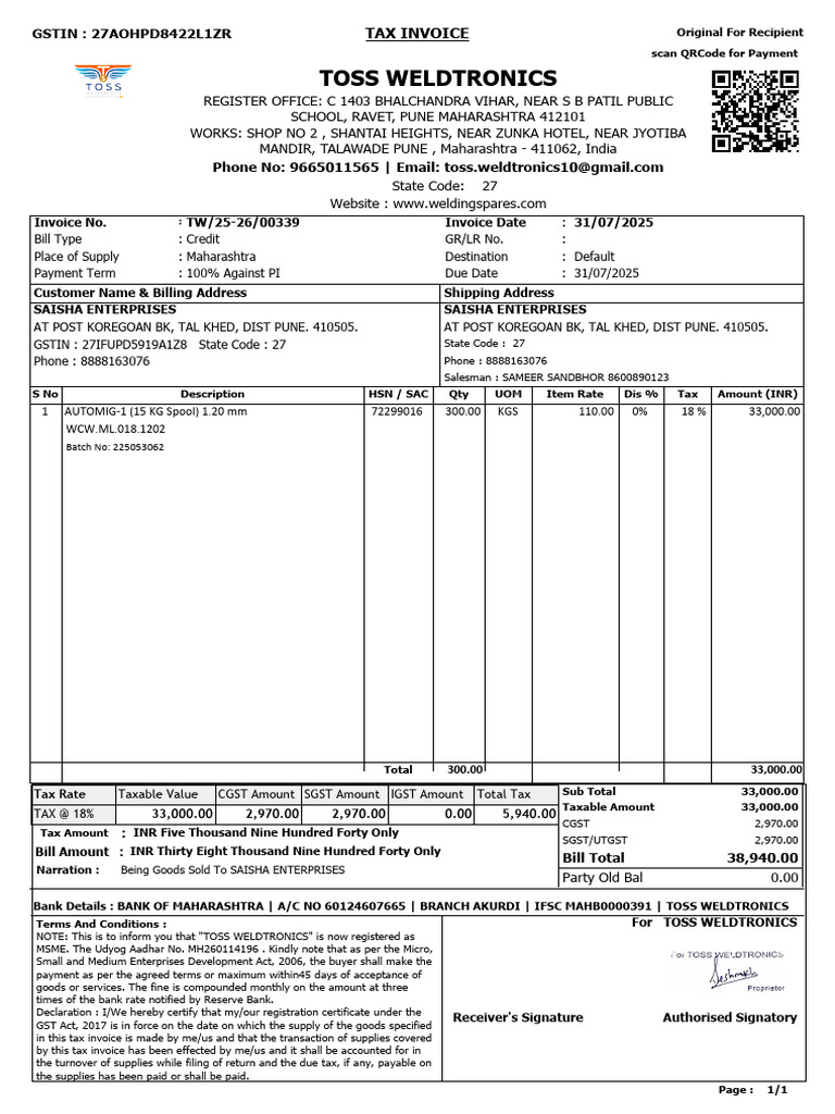TOSS Weldtronics Invoice for Saisha Enterprises | PDF | Invoice | Taxes