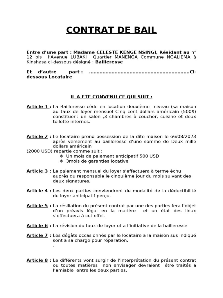 Contrat de bail simple à Kinshasa | PDF