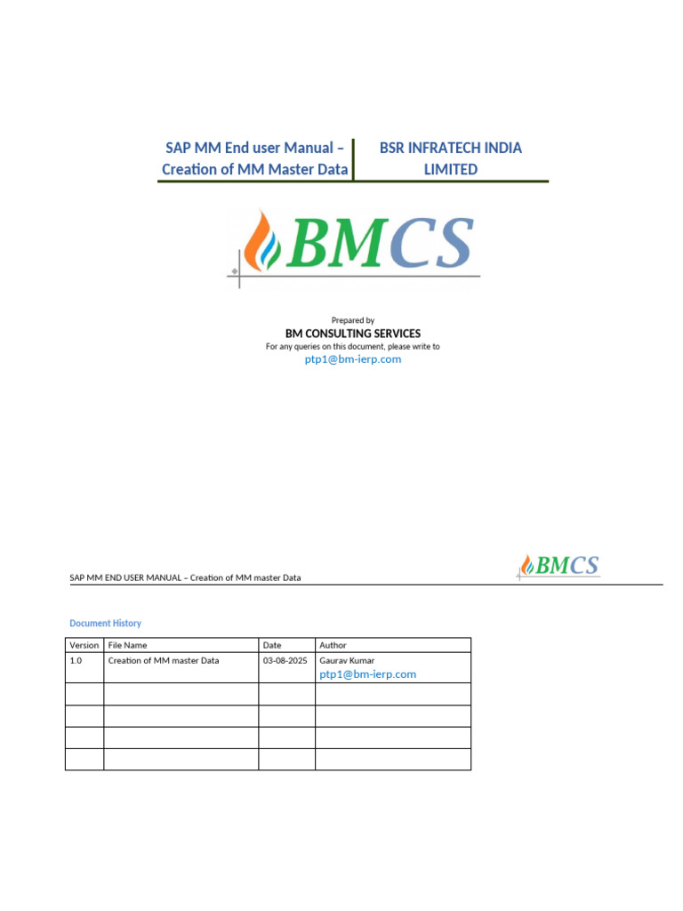 BSR Infratech MM Master Data Guide | PDF | Prices | Procurement