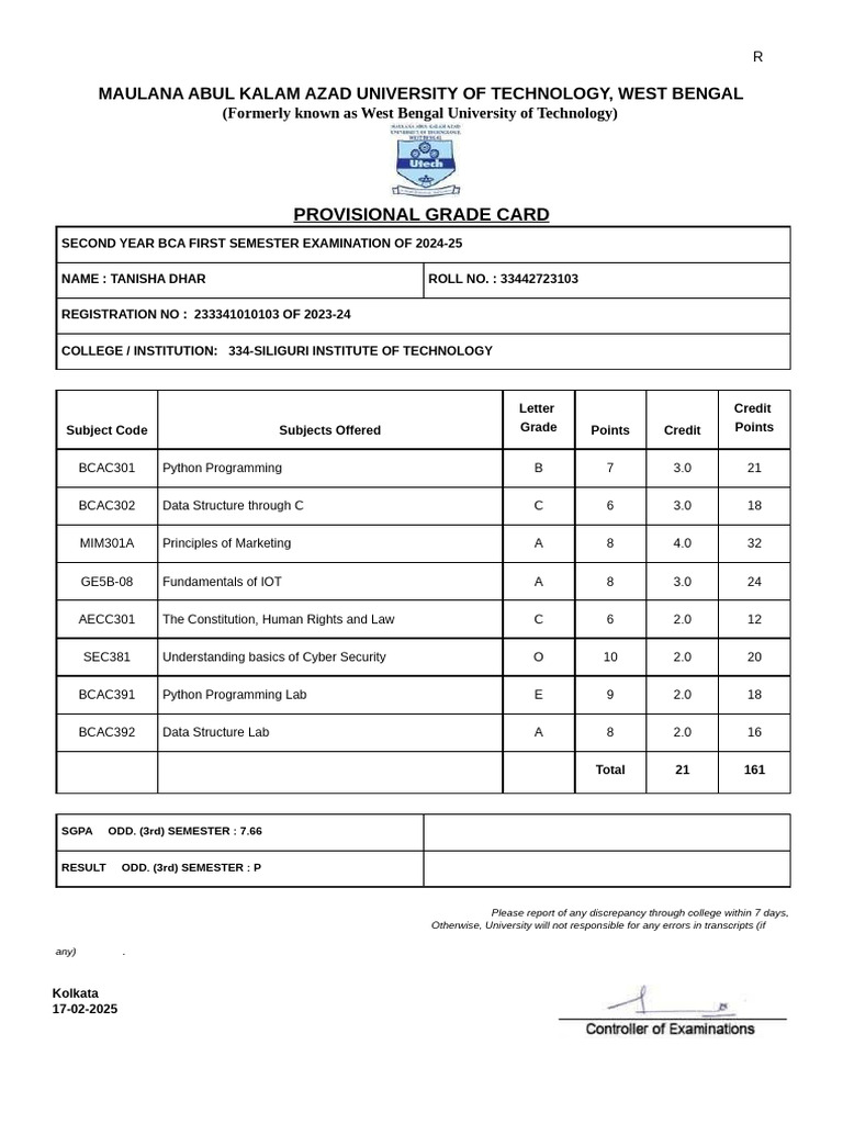 BCA Provisional Grade Card 2024-25 | PDF