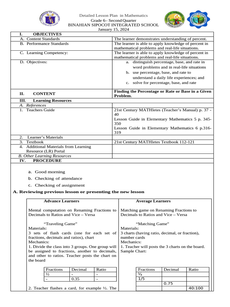 Grade 6 Math Lesson Plan: Percentages | PDF | Percentage | Learning