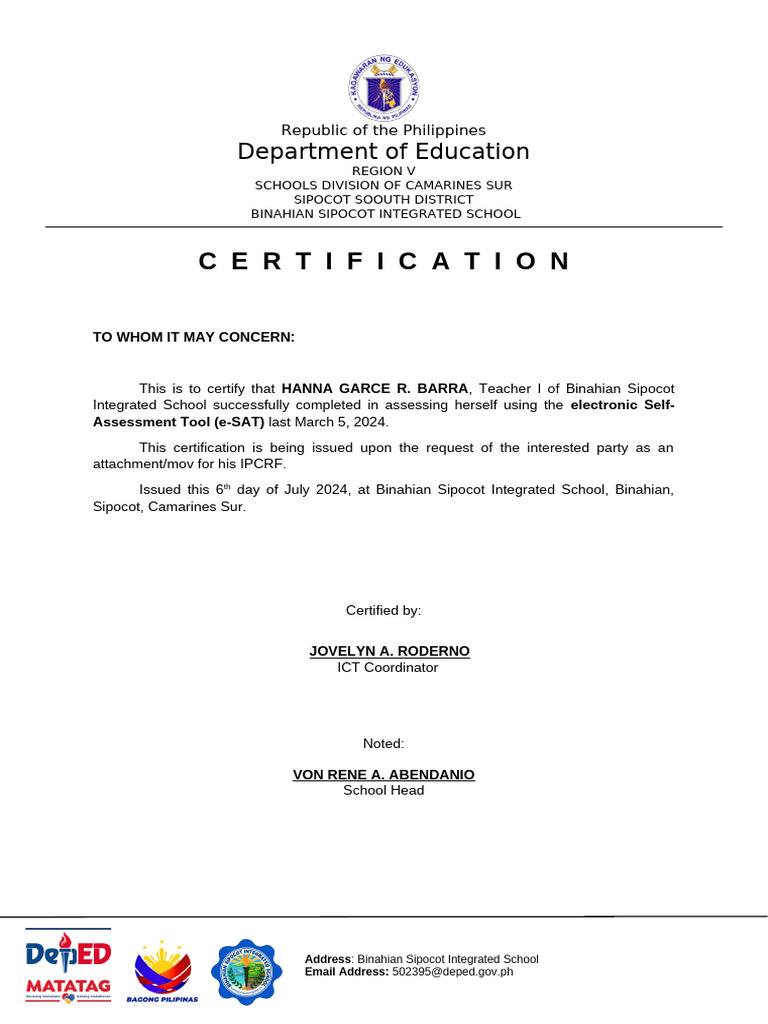 Certification From The Ict Coor Esat | PDF