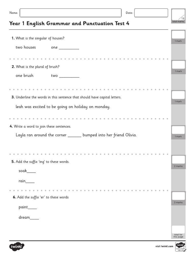 Year 1 Grammar & Punctuation Test | PDF | Linguistics | Linguistic Typology