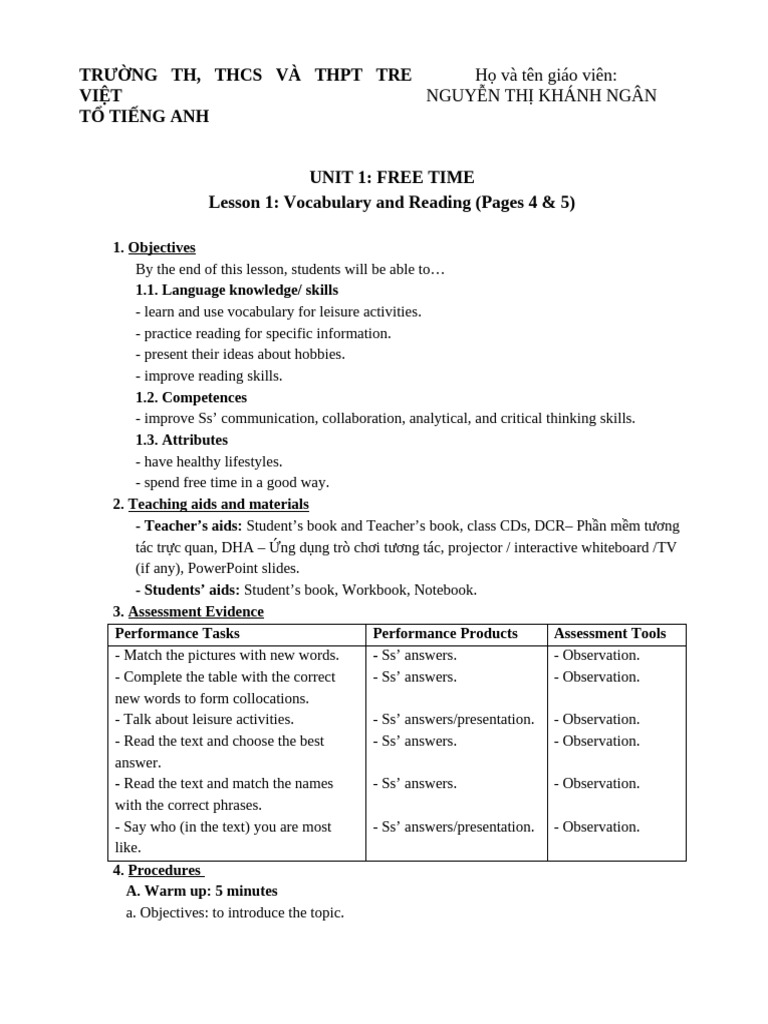 Free Time Vocabulary Lesson Plan | PDF | Cognition | Communication