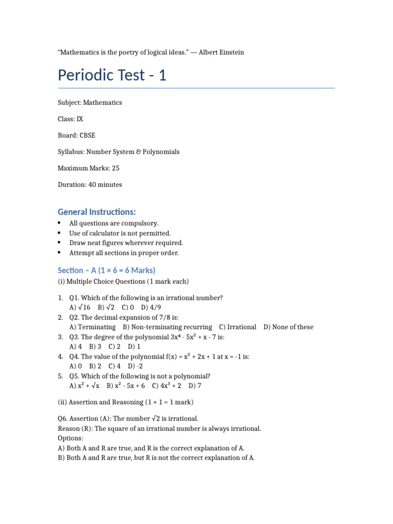 Periodic Test 1 Class9 Maths Revised | PDF