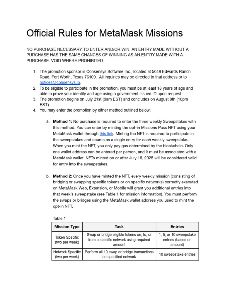 MetaMask Missions Official Rules | PDF