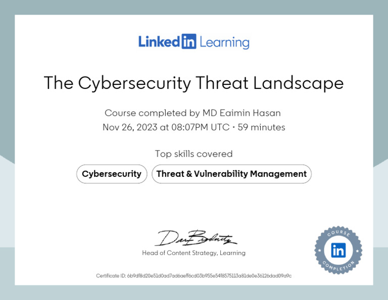 Cybersecurity Threat Landscape Course Completion | PDF