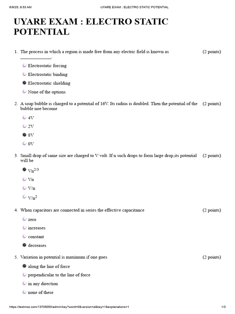Electrostatic Potential and Capacitance Chapter Wise Exam Answer ...