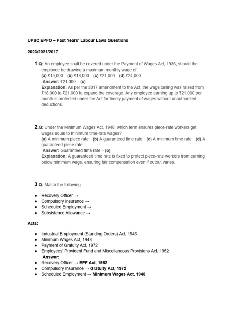 EPFO Labour Laws Exam Questions Guide | PDF | Labour Law | Employment