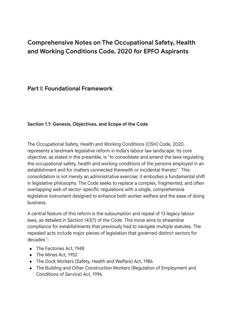 OSH Code Notes For EPFO | PDF | Occupational Safety And Health | Employment
