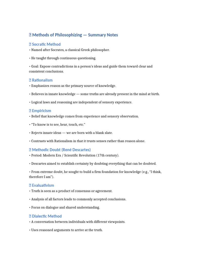 Methods of Philosophizing Summary Notes | PDF