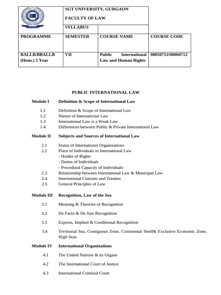 Public International Law Syllabus | PDF | International Law | Human Rights