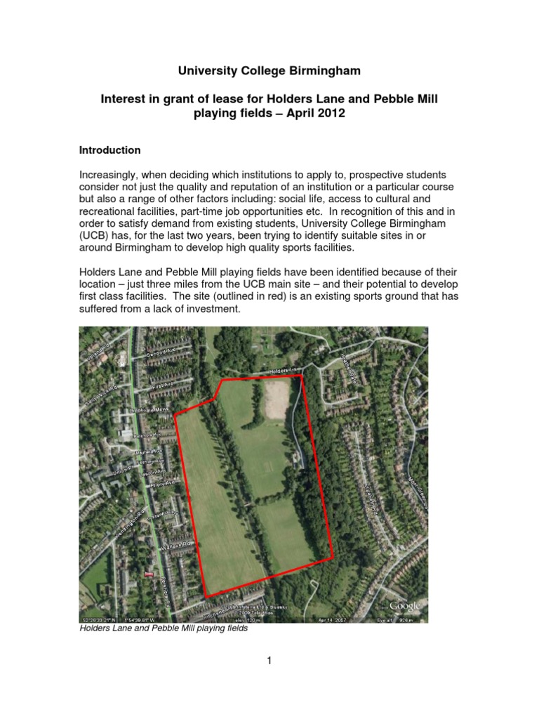 UCB Proposal For Holders Lane/Pebble Mill Playing Fields Background