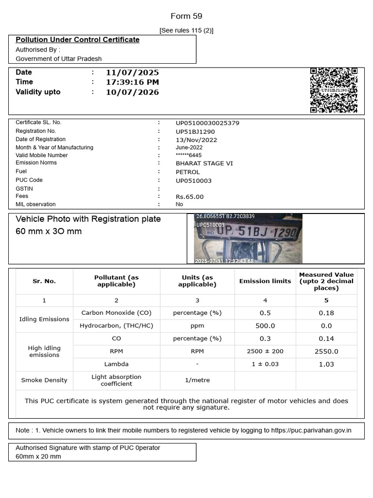 PUC Certificate Sample for Vehicles | PDF | Exhaust Gas | Atmosphere Of ...