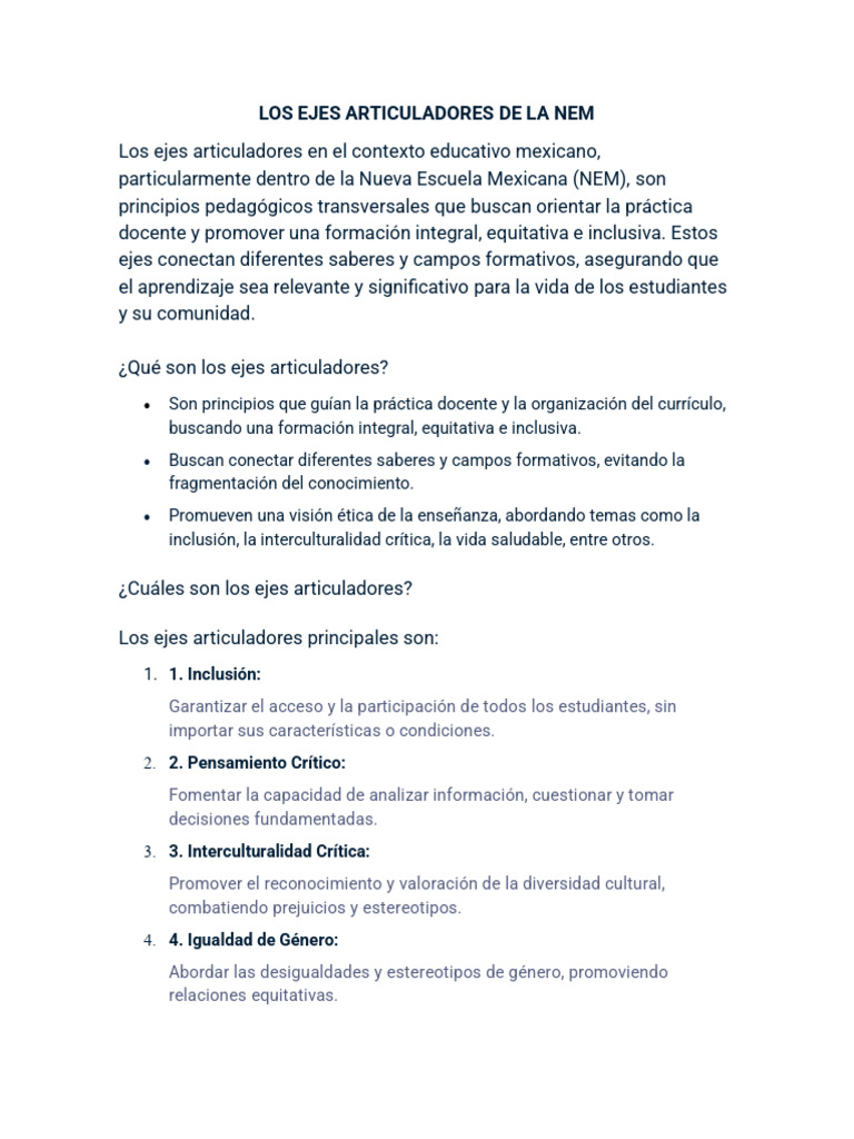 Ejes Articuladores de la NEM | PDF | Inclusión (Educación) | Maestros