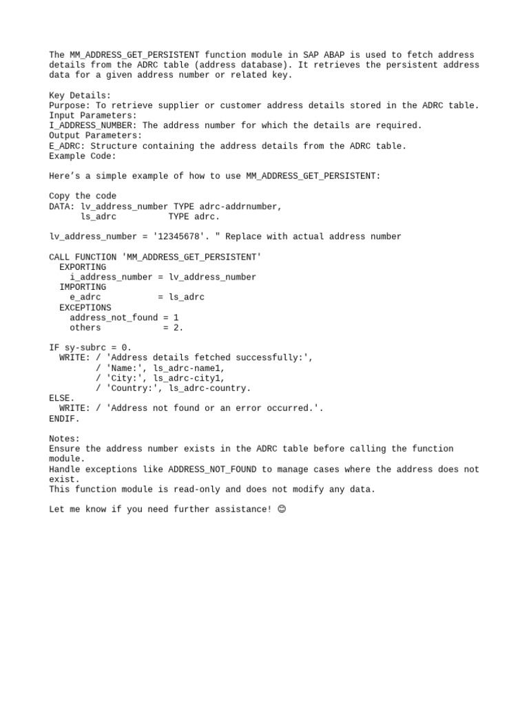 SAP ABAP Fetch Address Details Function | PDF