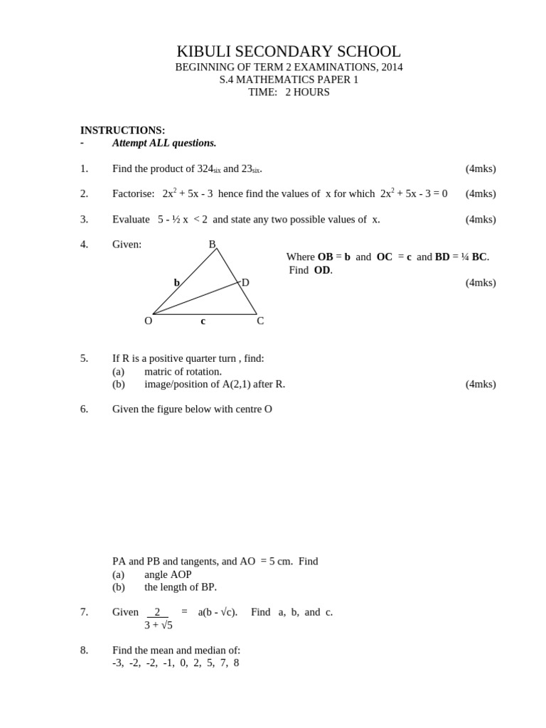 Beginning of Term 2 2007 s4 Math p1 | PDF