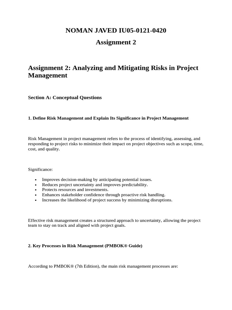Project MNGMNT Assignment 2 | PDF | Risk Management | Risk