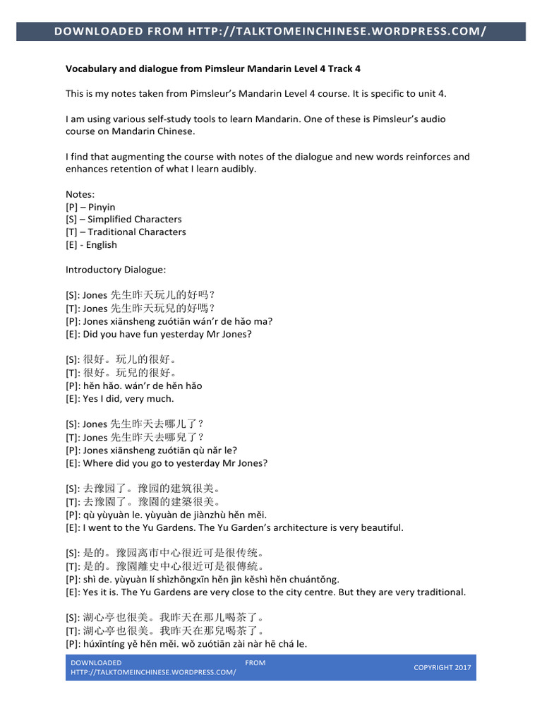 Pimsleur Mandarin Level 4 Notes | PDF | Languages | Foreign Language ...