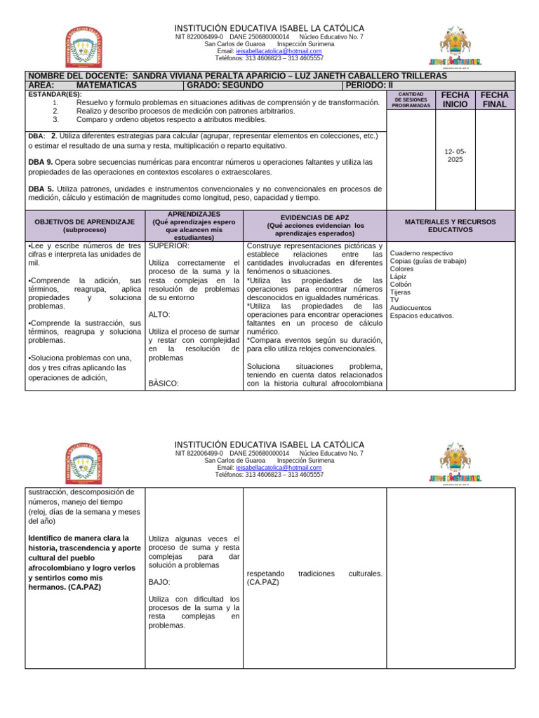 Plan de Clases de Matemáticas Segundo Grado | PDF | Sustracción | Medición