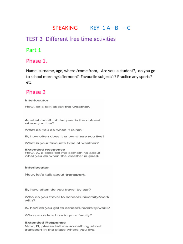 Free Time Activities Speaking Test | PDF