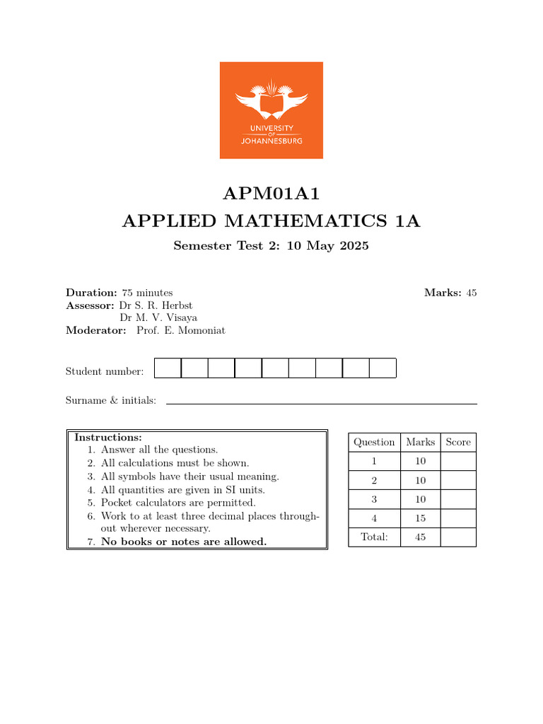 APM01A1 Applied Mathematics Test 2 | PDF | Force | Torque