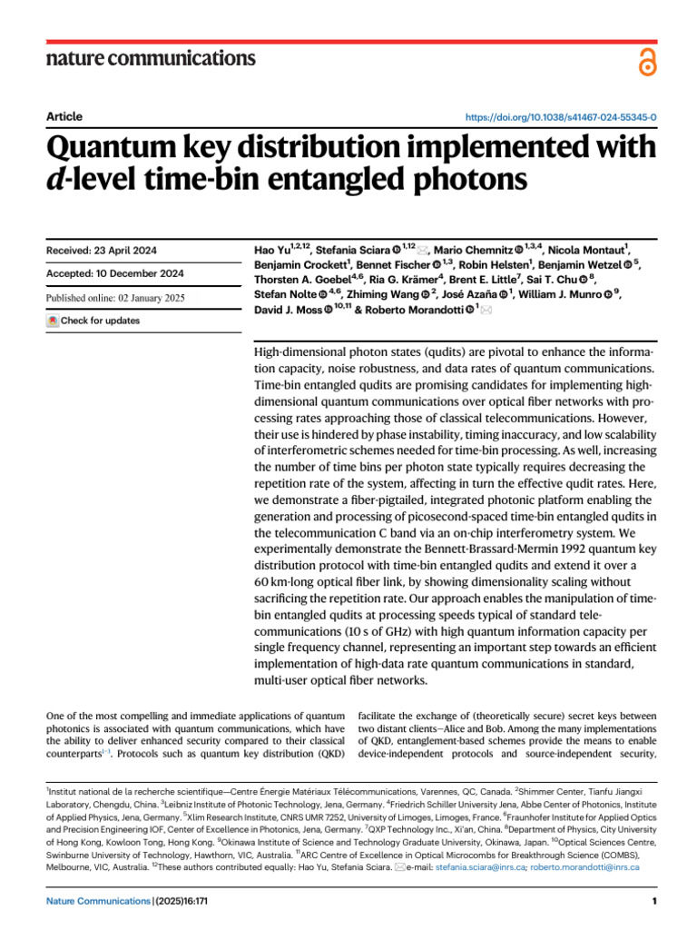 Quantum Key Distribution Implemented With D-Level Time-Bin Entangled ...