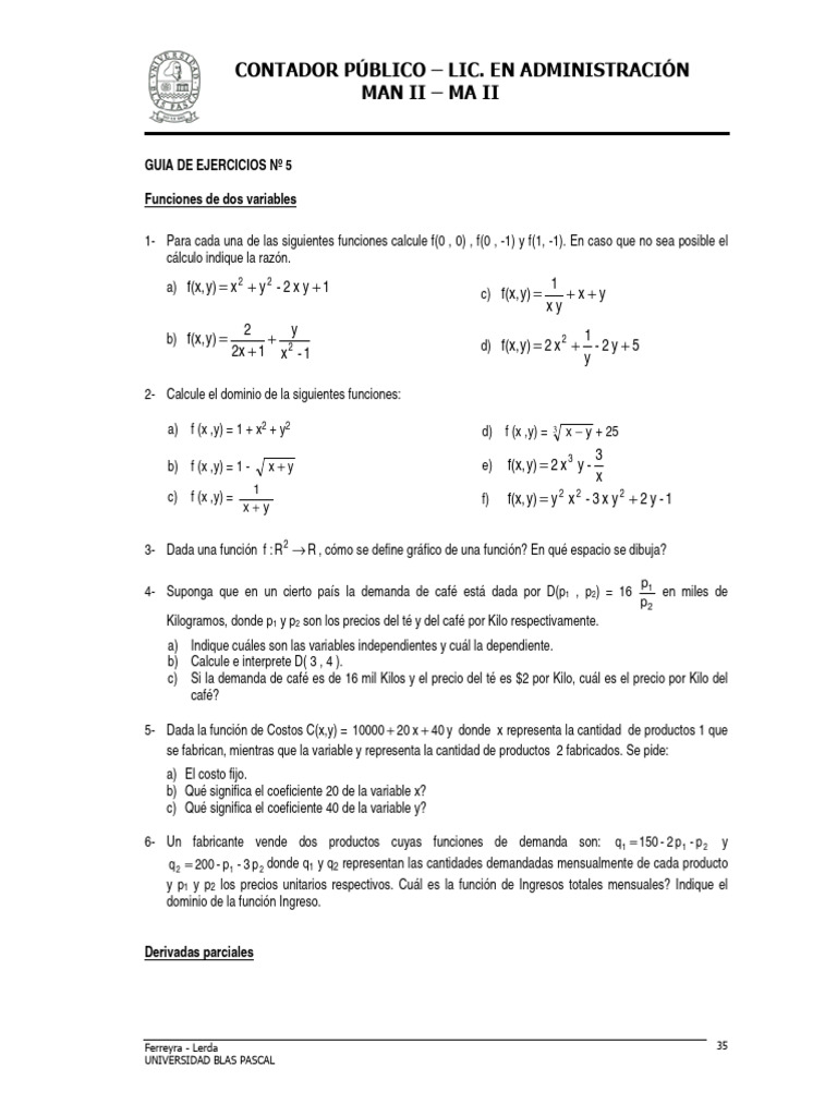 Ejercicios de Funciones de Dos Variables y Derivadas Parciales | PDF ...