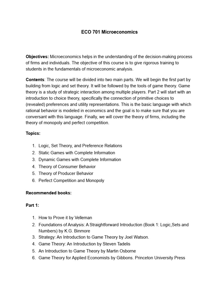 ECO 701 Microeconomics Course Overview | PDF | Microeconomics | Game Theory