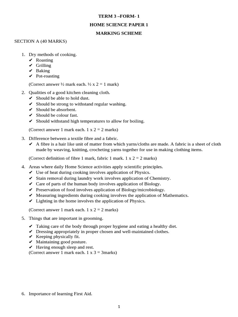 Home Science Exam Marking Scheme | PDF | Meat | Textiles