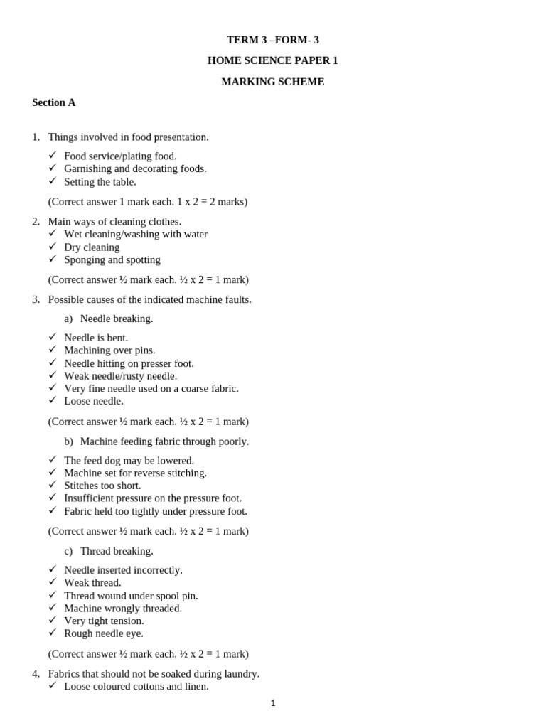 Home Science Paper 1 Marking Scheme | PDF | Yeast | Sewing Machine