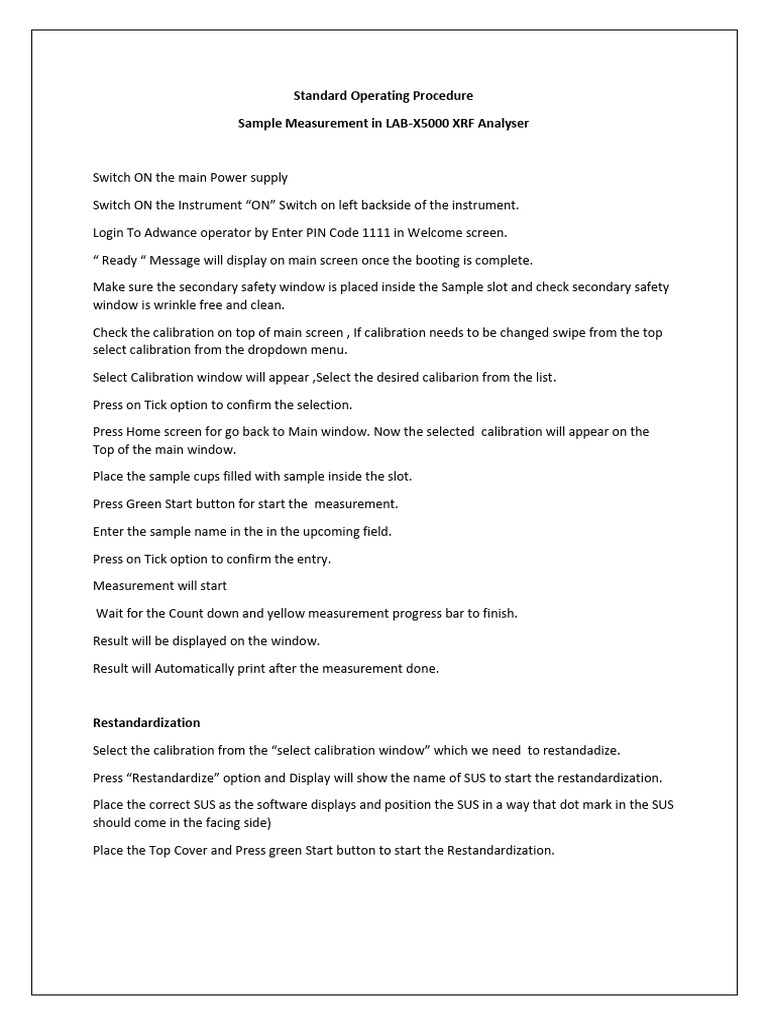Restandardization Procedure for LAB-X5000 | PDF