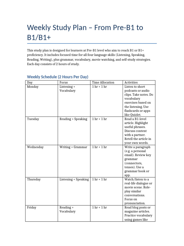 Weekly Study Plan PreB1 To B1 4 | PDF | Vocabulary | Learning