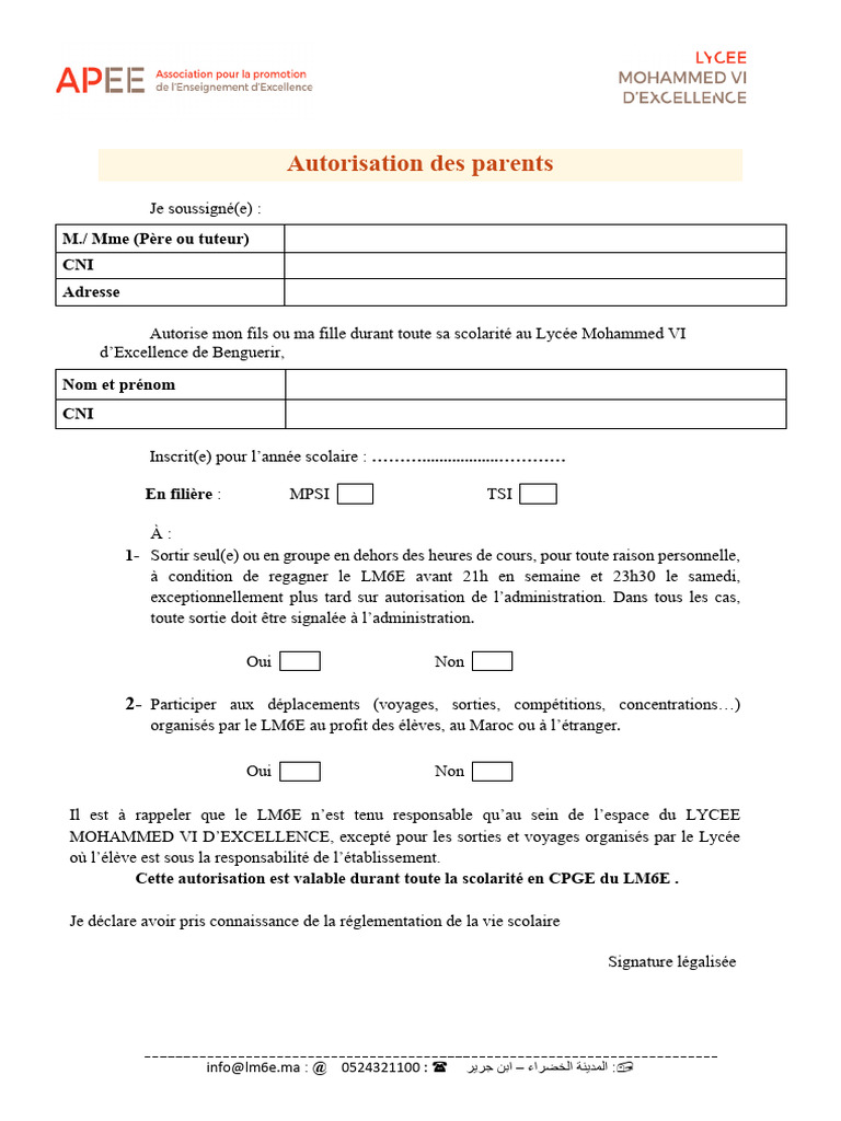 Autorisation parentale pour le LM6E | PDF