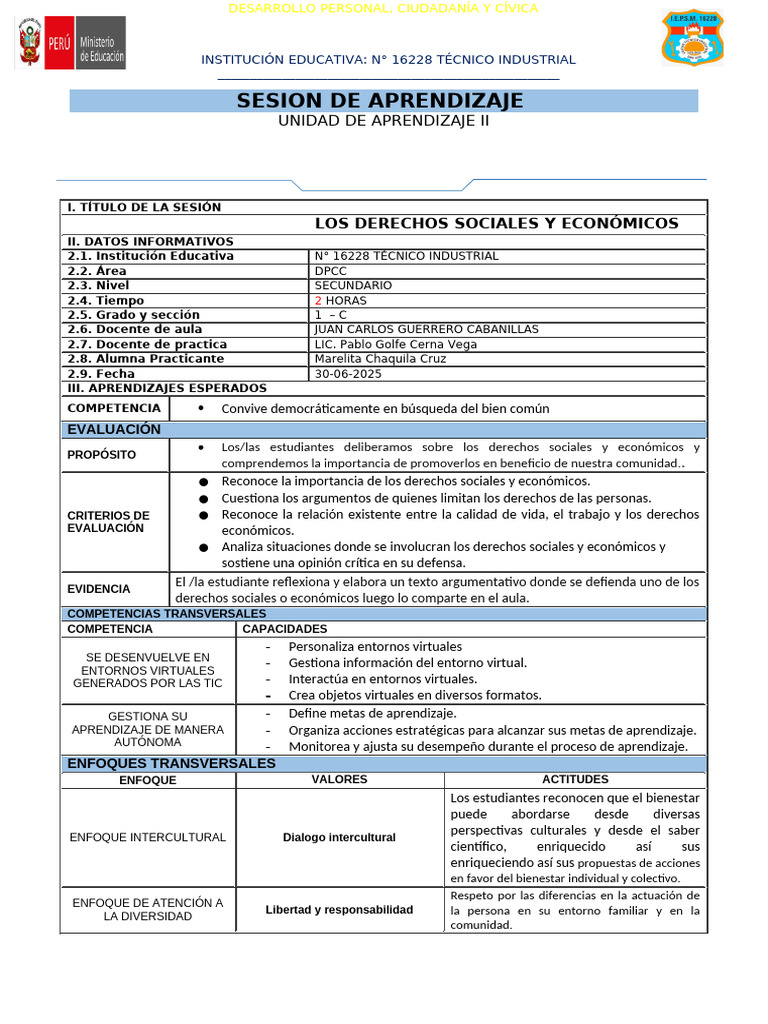 Sesion de Aprendizaje DPCC Derechos Sociales y Economicos 1C | PDF ...